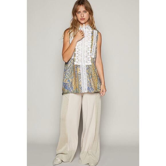 POL Lace Detail Frill Floral V-Neck Mock Neck Sleeveless Top Large Boho Flower - Picture 5 of 13